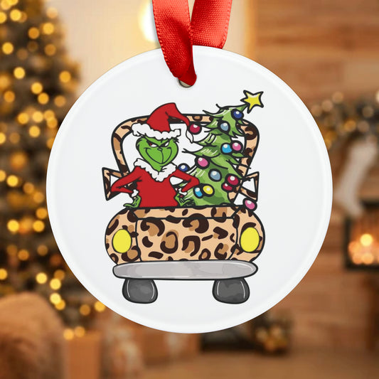 Grinchy Tree Ornament with Ribbon